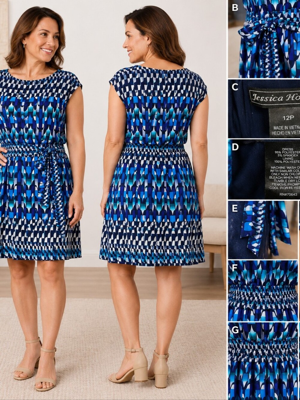Jessica Howard 12P Blue Geometric Belted Dress Coastal Chic Mod Retro Contempora